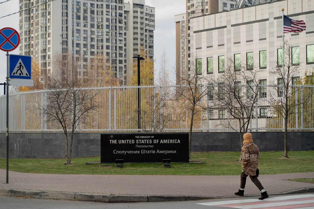 A woman walks past the US Embassy in Kyiv on November 20.