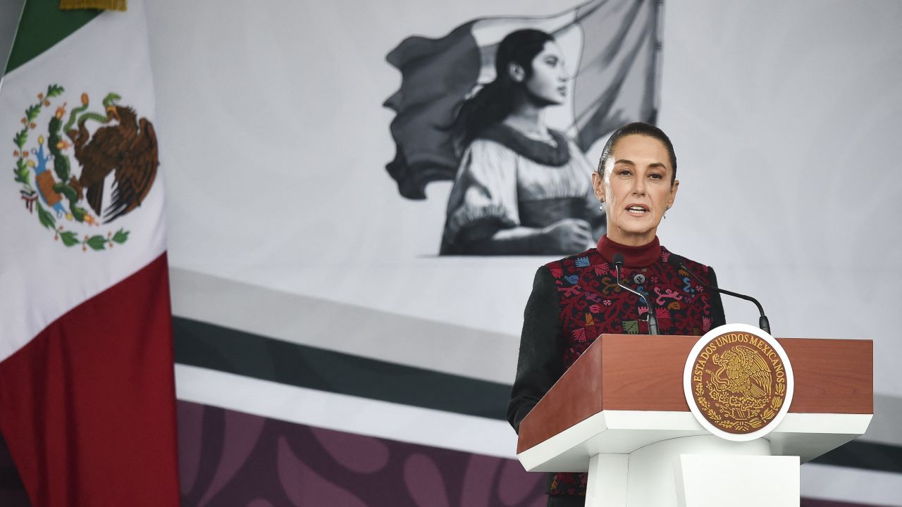 Mexico's President Claudia Sheinbaum delivers a speech during a military parade commemorating the 114th anniversary of the Mexican Revolution at the Zocalo square in Mexico City, on November 20, 2024. (Photo by Rodrigo Oropeza / AFP) (Photo by RODRIGO OROPEZA/AFP via Getty Images)