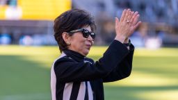 Washington Spirit owner Michele Kang waves to the crowd during a NWSL playoff semifinal game between NJ/NY Gotham FC and Washington Spirit at Audi Field on November 16, 2024.