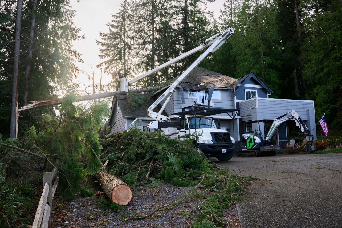 A work crew removes a tree that had fallen on a house in Lake Stevens, Washington, Wednesday.