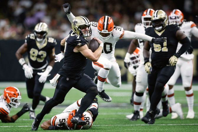 New Orleans Saints tight end Taysom Hill rushes for a fourth quarter touchdown against the Cleveland Browns in New Orleans on November 17. Hill scored three touchdowns during the Saints' 35-15 win.