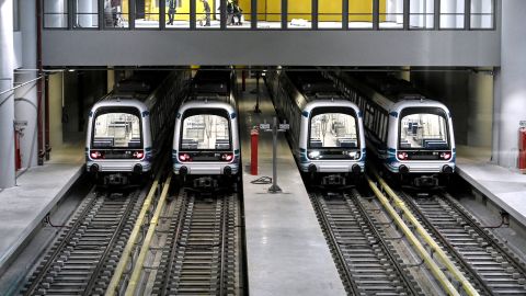 Trains are parked at the depot station of the Thessaloniki metro on November 22, 2024. Eighteen years after construction began on the Thessaloniki Metro, the subway system of Greece's northern port city is finally set to open to the public on November 30. Along the around 10 kilometers of the line, marked by 13 stations that will serve hundreds of thousands of passengers, final preparations are underway to ensure everything is ready for the opening. (Photo by Sakis Mitrolidis / AFP) (Photo by SAKIS MITROLIDIS/AFP via Getty Images)