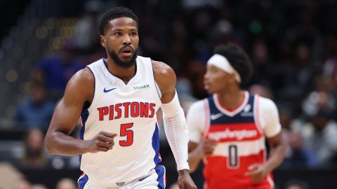 WASHINGTON, DC - NOVEMBER 17: Malik Beasley #5 of the Detroit Pistons looks on against the Washington Wizards during the first half at Capital One Arena on November 17, 2024 in Washington, DC. NOTE TO USER: User expressly acknowledges and agrees that, by downloading and or using this photograph, User is consenting to the terms and conditions of the Getty Images License Agreement. (Photo by Patrick Smith/Getty Images)