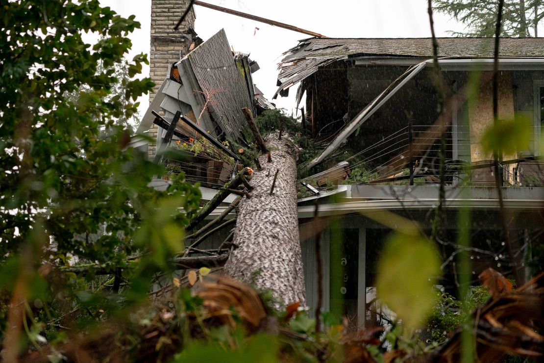 A fallen tree lays on a damaged home just outside of Seattle in Bellevue, Washington, Friday.