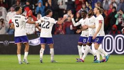 ST LOUIS, MISSOURI - NOVEMBER 18: Tm Weah #21 of United States celebrates with his teammates after scoring the fourth goal of his team during second half of the Quarterfinals - Leg Two - 2024 Concacaf Nations League match between Jamaica and United States at Citypark on November 18, 2024 in St Louis, Missouri. (Photo by Omar Vega/Getty Images)