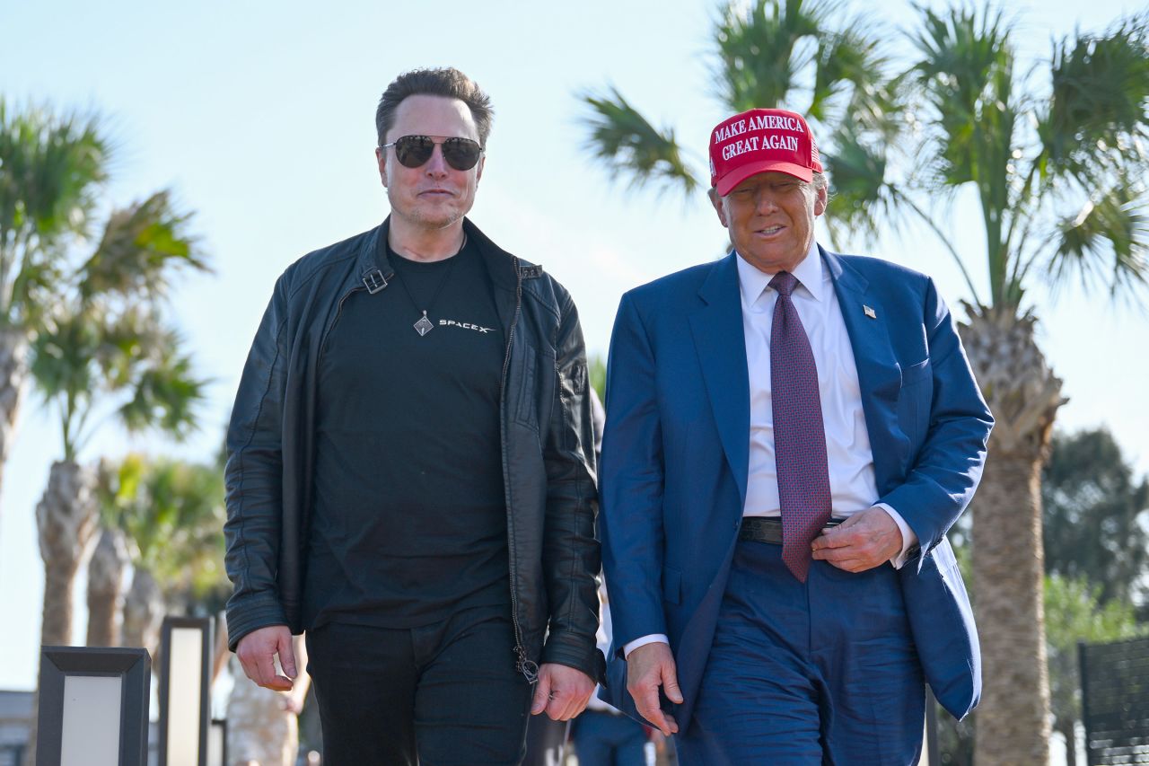 President-elect Donald Trump walks with Elon Musk as he arrives to attend a viewing of the launch of the sixth test flight of the SpaceX Starship rocket in Brownsville, Texas, on November 19.