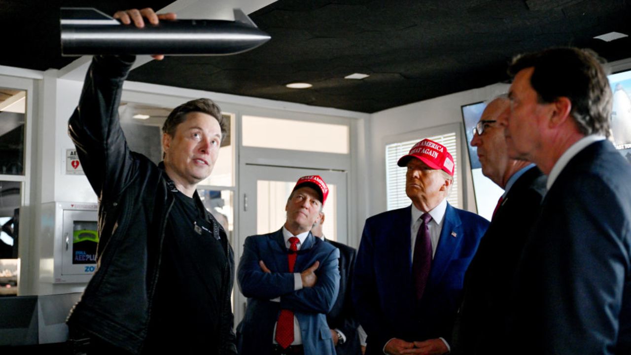 BROWNSVILLE, TEXAS - NOVEMBER 19: Elon Musk gives a tour to U.S. President-elect Donald Trump and lawmakers of the control room before the launch of the sixth test flight of the SpaceX Starship rocket on November 19, 2024 in Brownsville, Texas. SpaceX’s billionaire owner, Elon Musk, a Trump confidante, has been tapped to lead the new Department of Government Efficiency alongside former presidential candidate Vivek Ramaswamy. (Photo by Brandon Bell/Getty Images)