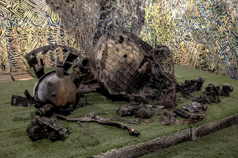 Parts of a missile that were collected for examination at the impact site in the town of Dnipro following an attack on November 21, 2024