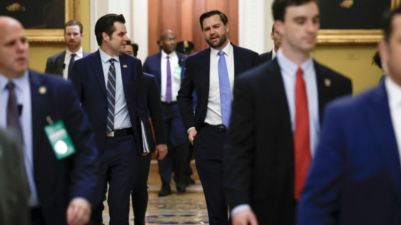 WASHINGTON, DC - NOVEMBER 20: Former U.S. Rep. Matt Gaetz (R-FL) (L) and President-elect Donald Trump's nominee to be Attorney General walks with Vice President-elect JD Vance as they arrive for meetings with Senators at the U.S. Capitol on November 20, 2024 in Washington, DC. Gaetz is meeting with Senators as his nomination for Attorney General is under fire following a House Ethics Committee report that is expected to detail allegations of sexual misconduct. (Photo by Kevin Dietsch/Getty Images)