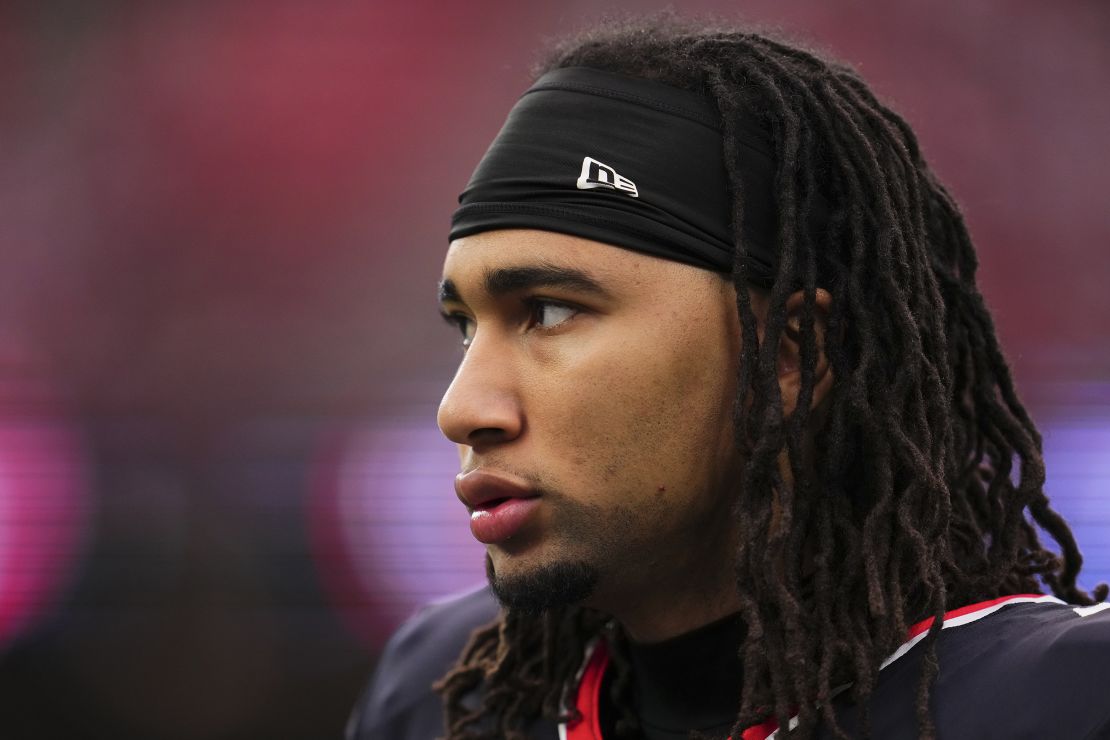 HOUSTON, TX - NOVEMBER 24: C.J. Stroud #7 of the Houston Texans looks on before kickoff against the Tennessee Titans during an NFL football game at NRG Stadium on November 24, 2024 in Houston, Texas. (Photo by Cooper Neill/Getty Images)