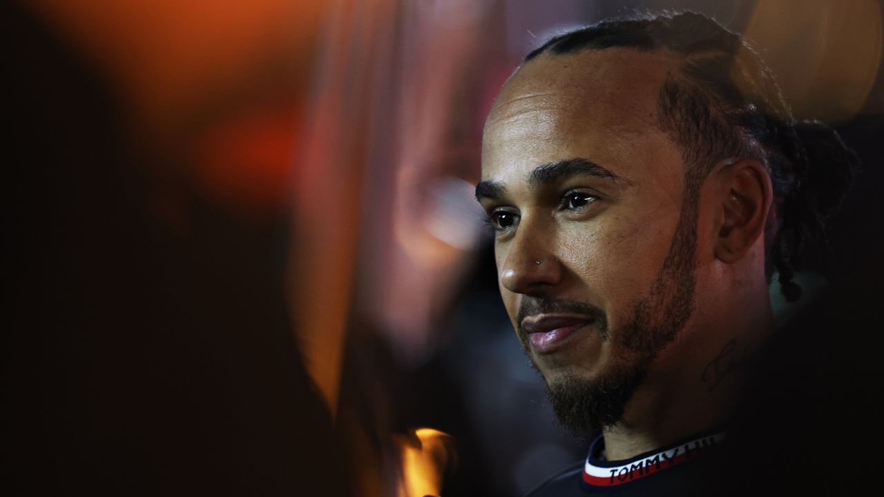 Lewis Hamilton of Great Britain and Mercedes looks on in the Paddock after practice ahead of the F1 Grand Prix of Las Vegas at Las Vegas Strip Circuit on November 21, 2024 in Las Vegas, Nevada.