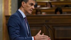 Spain's Prime Minister Pedro Sanchez speaks to explain government's handling of last month deadly floods in Valencia's region at the Spanish lower house, Congress of Deputies, in Madrid on November 27, 2024. Spain will invest almost 2.3 billion euros ($2.4 billion) in new aid to help stricken citizens recover from the country's worst floods in decades, Prime Minister Pedro Sanchez said on November 27, 2024. The flooding in eastern Spain claimed 228 lives, all but seven in the Valencia region. (Photo by JAVIER SORIANO / AFP) (Photo by JAVIER SORIANO/AFP via Getty Images)