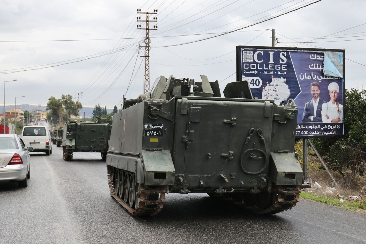 Lebanese army troops patrol the main road in Qasmiye near the southern port city of Tyre, on November 27.