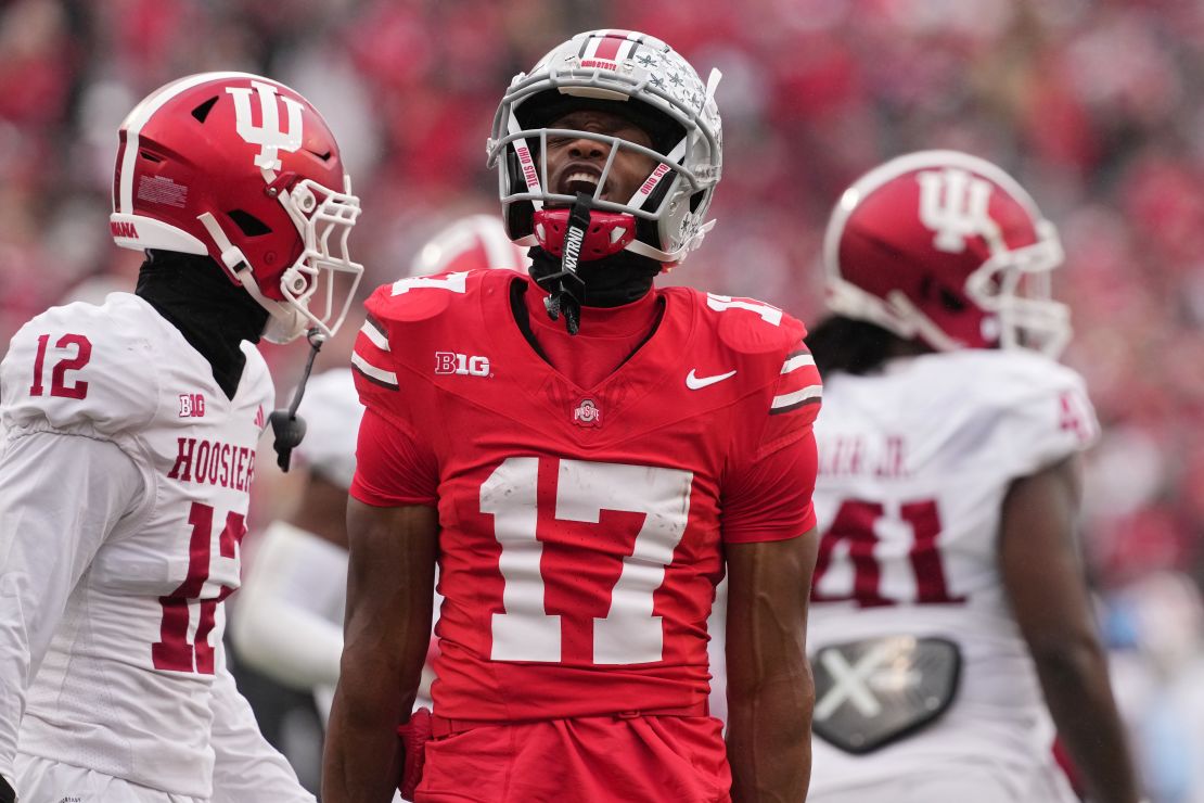 Ohio State receiver Carnell Tate celebrates in the first quarter. (Photo by Jason Mowry/Getty Images)