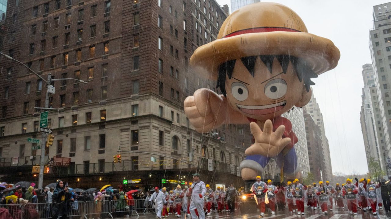 A balloon of Monkey D. Luffy from One Piece floats by during the annual Macy's Thanksgiving Day Parade in New York City on November 28, 2024. (Photo by David Dee Delgado / AFP) (Photo by DAVID DEE DELGADO/AFP via Getty Images)