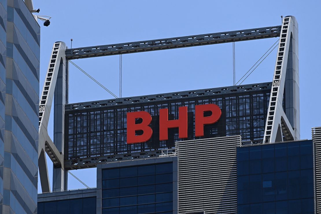 This picture taken on November 26, 2024, shows the logo of BHP, a leading global resources company, is seen on its building in Perth, Western Australia.