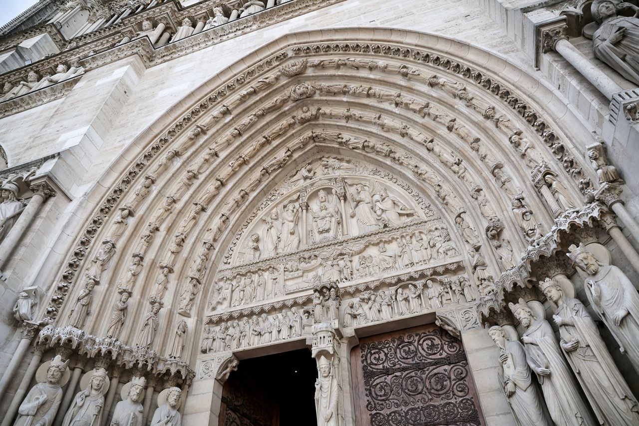 This photograph shows decorative details of Notre Dame cathedral on November 29.