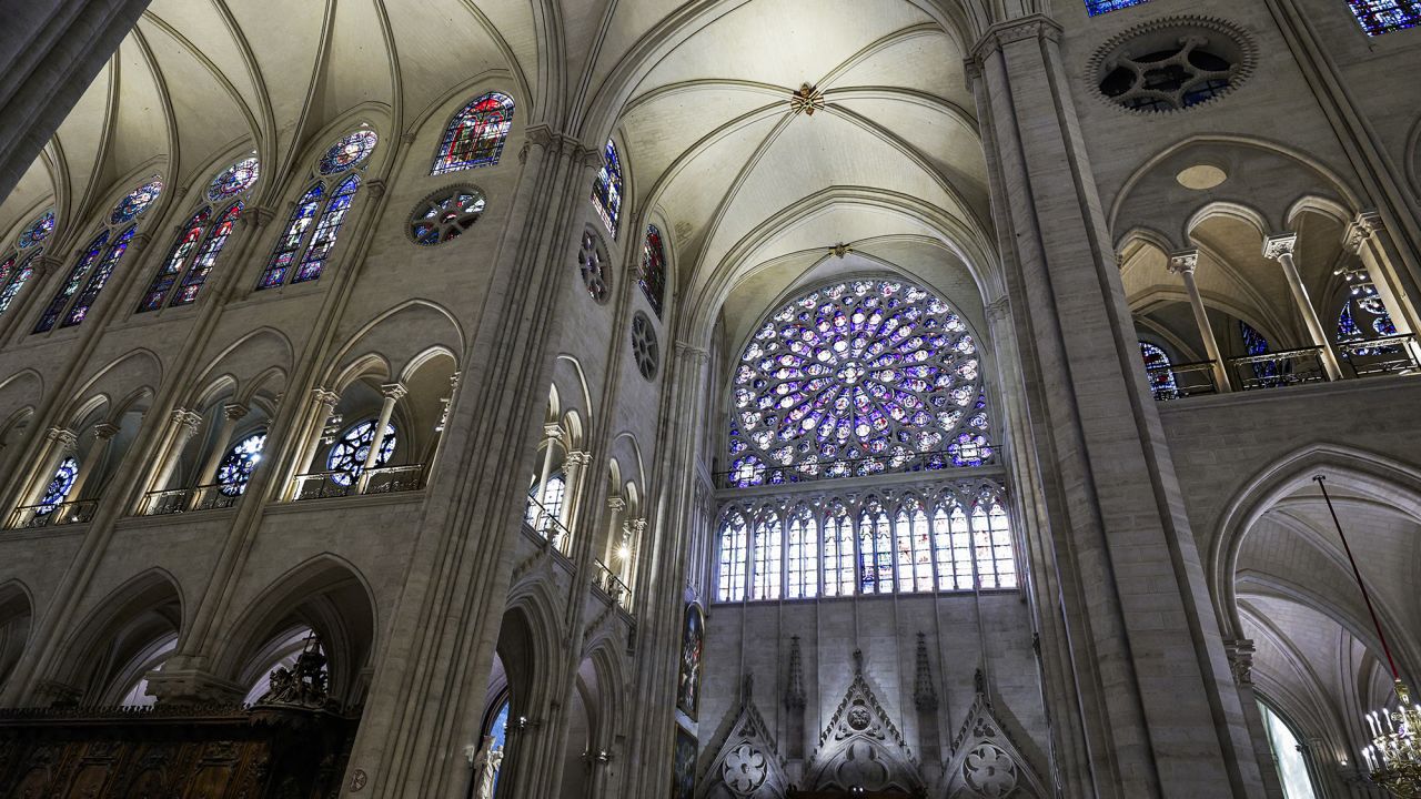 This photograph shows the South Rose window of Notre-Dame de Paris cathedral in Paris, on November 29, 2024. The Notre-Dame Cathedral is set to re-open early December 2024, with a planned weekend of ceremonies on December 7 and 8, 2024, five years after the 2019 fire which ravaged the world heritage landmark and toppled its spire. Some 250 companies and hundreds of experts were mobilised for the five-year restoration costing hundreds of millions of euros. (Photo by STEPHANE DE SAKUTIN / POOL / AFP) (Photo by STEPHANE DE SAKUTIN/POOL/AFP via Getty Images)