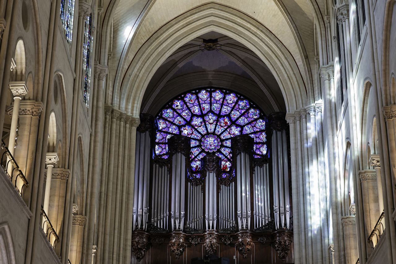 Pipes of the restored organ inside the Notre Dame cathedral in Paris.