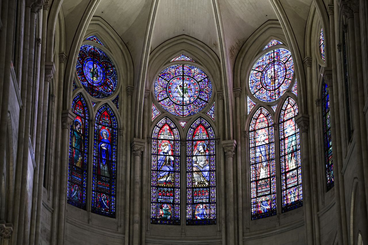 This photograph shows windows in the heart of Notre Dame cathedral.