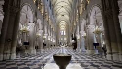 This photograph shows the baptistery of Notre-Dame de Paris cathedral, designed by French artist and designer Guillaume Bardet, in Paris on November 29, 2024. The Notre-Dame Cathedral is set to re-open early December 2024, with a planned weekend of ceremonies on December 7 and 8, 2024, five years after the 2019 fire which ravaged the world heritage landmark and toppled its spire. (Photo by Christophe PETIT TESSON / POOL / AFP) / RESTRICTED TO EDITORIAL USE - MANDATORY MENTION OF THE ARTIST UPON PUBLICATION - TO ILLUSTRATE THE EVENT AS SPECIFIED IN THE CAPTION (Photo by CHRISTOPHE PETIT TESSON/POOL/AFP via Getty Images)