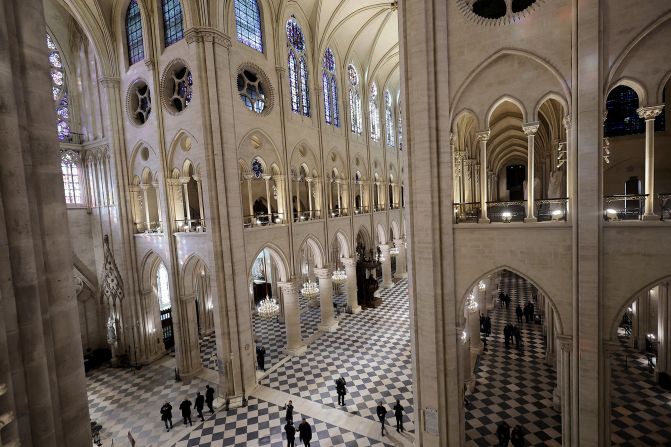 A general view of the newly-restored nave of Notre Dame. It is the fourth time that the nave has been rebuilt. Before any work could be done, the building first needed to be secured to prevent damaged portions from collapsing and to support the 28 flying buttresses of the nave.