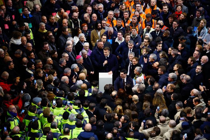 Macron delivers a speech during his final site visit on November 29. “You have transformed ashes into art,” he told the crowd, which included more than 1,300 people who worked on the restoration.