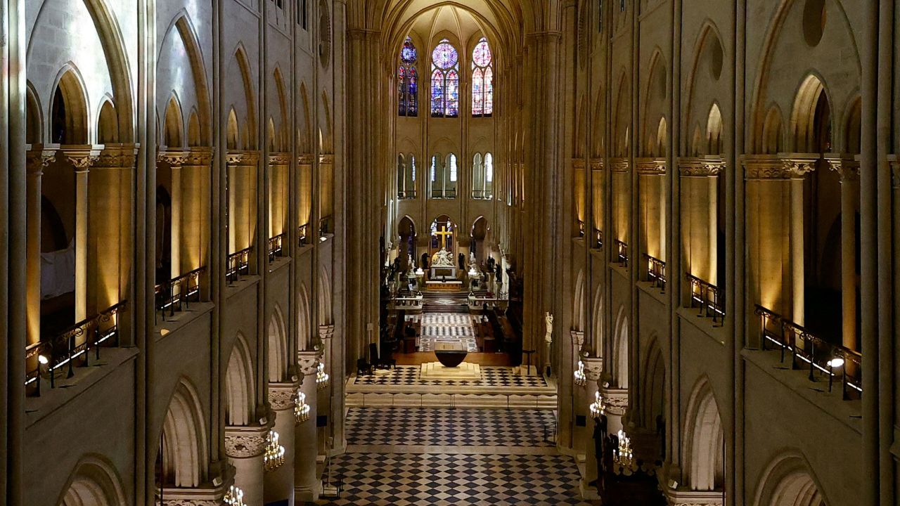 (COMBO) This combination of pictures created on November 29, 2024 shows the nave of Notre-Dame de Paris cathedral in Paris on November 29, 2024 (TOP) and on June 28, 2017 (BOTTOM). The Notre-Dame Cathedral is set to re-open early December 2024, with a planned weekend of ceremonies on December 7 and 8, 2024, five years after the 2019 fire which ravaged the world heritage landmark and toppled its spire. Some 250 companies and hundreds of experts were mobilised for the five-year restoration costing hundreds of millions of euros. (Photo by Sarah Meyssonnier and Martin BUREAU / various sources / AFP) (Photo by SARAH MEYSSONNIERMARTIN BUREAU/POOL/AFP/AFP via Getty Images)