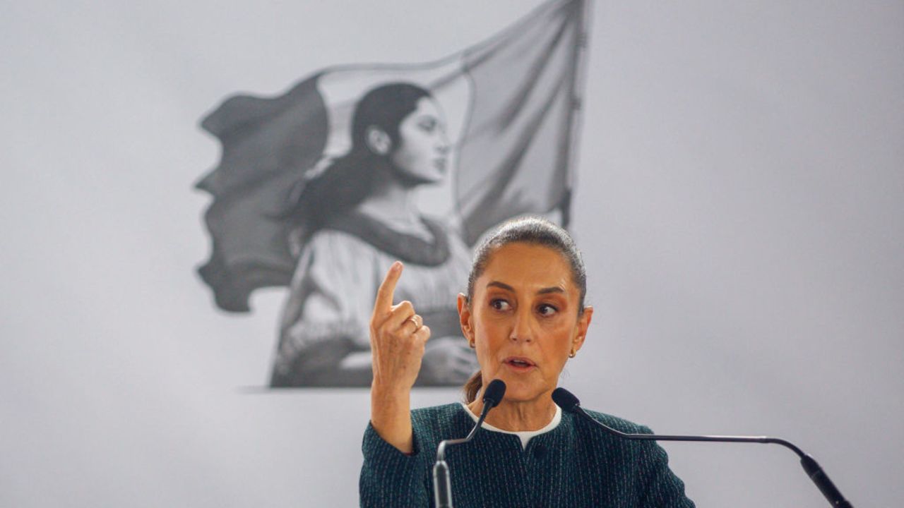 Mexico's President Claudia Sheinbaum gestures as she gives a speech during the inauguration of a family medicine unit in San Nicolas de los Garza, Nuevo Leon State, Mexico, on November 30, 2024. Mexico's position is 'not to close borders', said President Claudia Sheinbaum on November 27 after US President-elect Donald Trump said in a message that she had agreed to 'stop' migration by 'effectively closing' the crossing points between the two countries. (Photo by Julio Cesar AGUILAR / AFP) (Photo by JULIO CESAR AGUILAR/AFP via Getty Images)