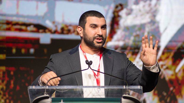 Sami Hamdi,the Editor-in-Chief of the International Interest during the speech at 17th Annual Convention for Palestine, in Tinley Park village of Illinois, United States on November 30, 2024.