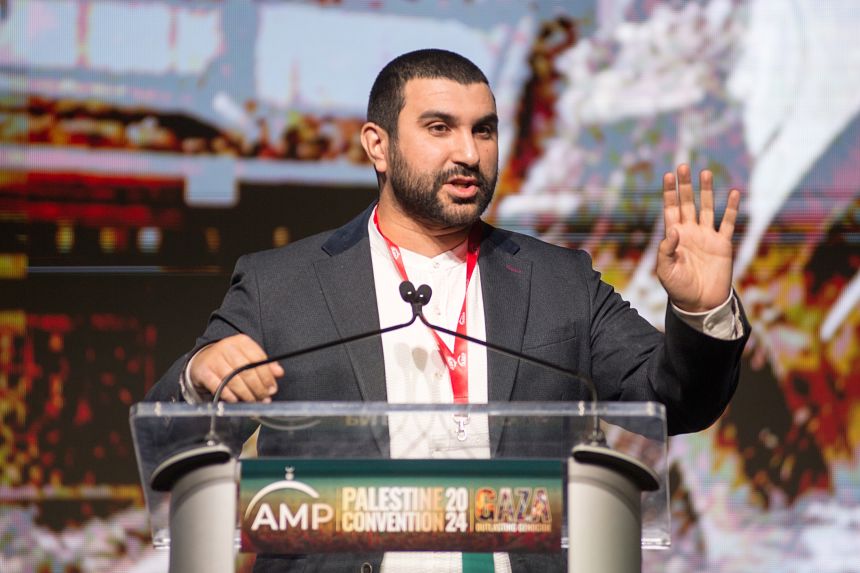 Sami Hamdi,the Editor-in-Chief of the International Interest during the speech at 17th Annual Convention for Palestine, in Illinois on November 30, 2024.