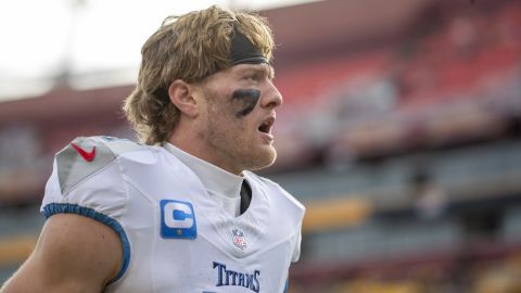 Tennessee Titans quarterback Will Levis (8) walks off the field during pregame before the Tennessee Titans versus Washington Commanders National Football League game at Northwest Field in Landover, Maryland, on December 1, 2024.