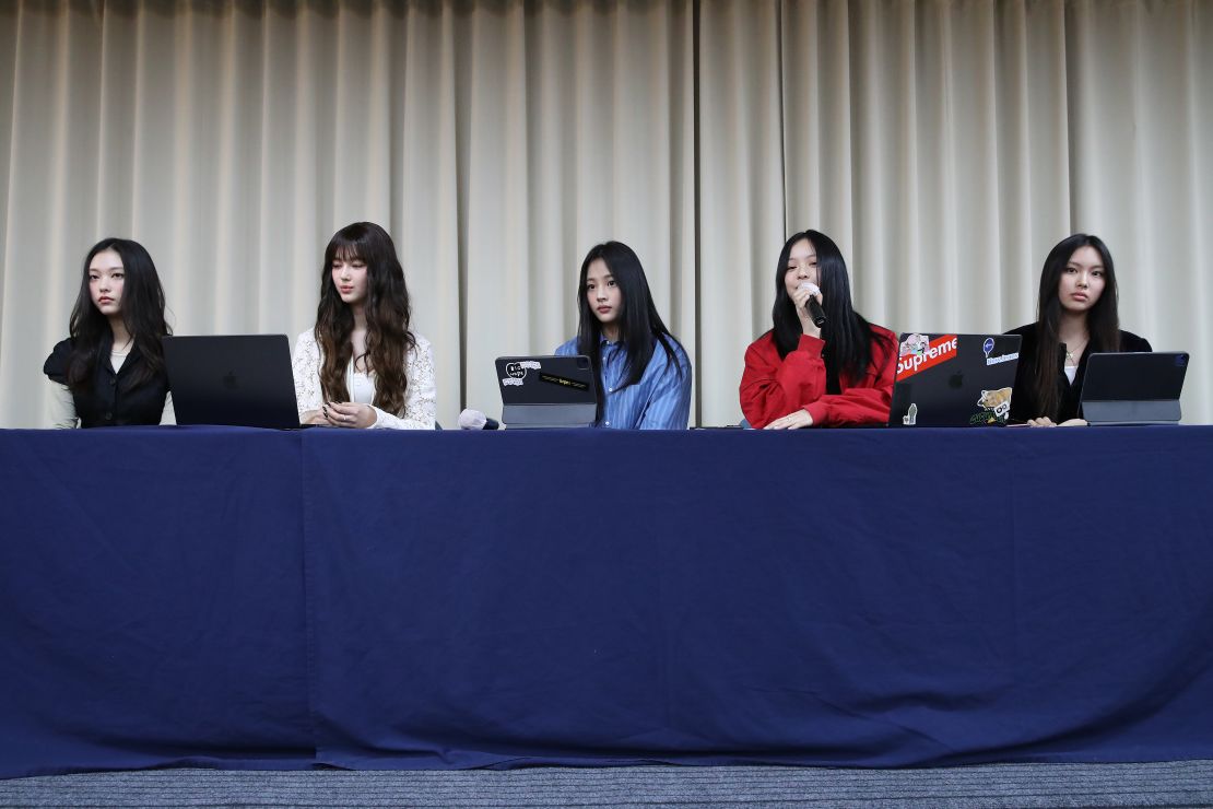 The members of NewJeans announce the termination of their contract with ADOR during a press conference on November 28, 2024 in Seoul.