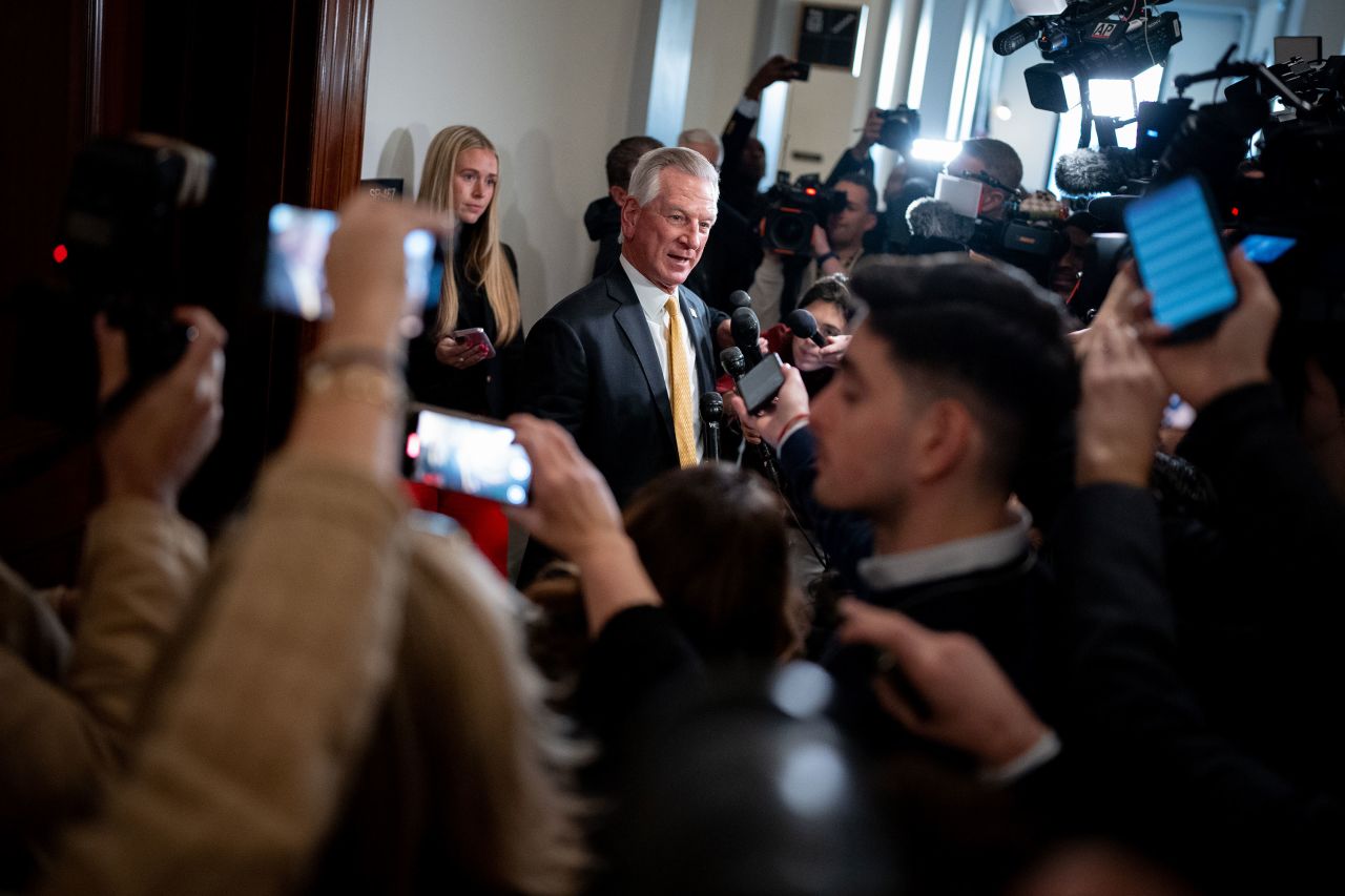 Sen. Tommy Tuberville speaks to reporters after meeting with defense secretary nominee Pete Hegseth on Capitol Hill in Washington, DC, on December 2.