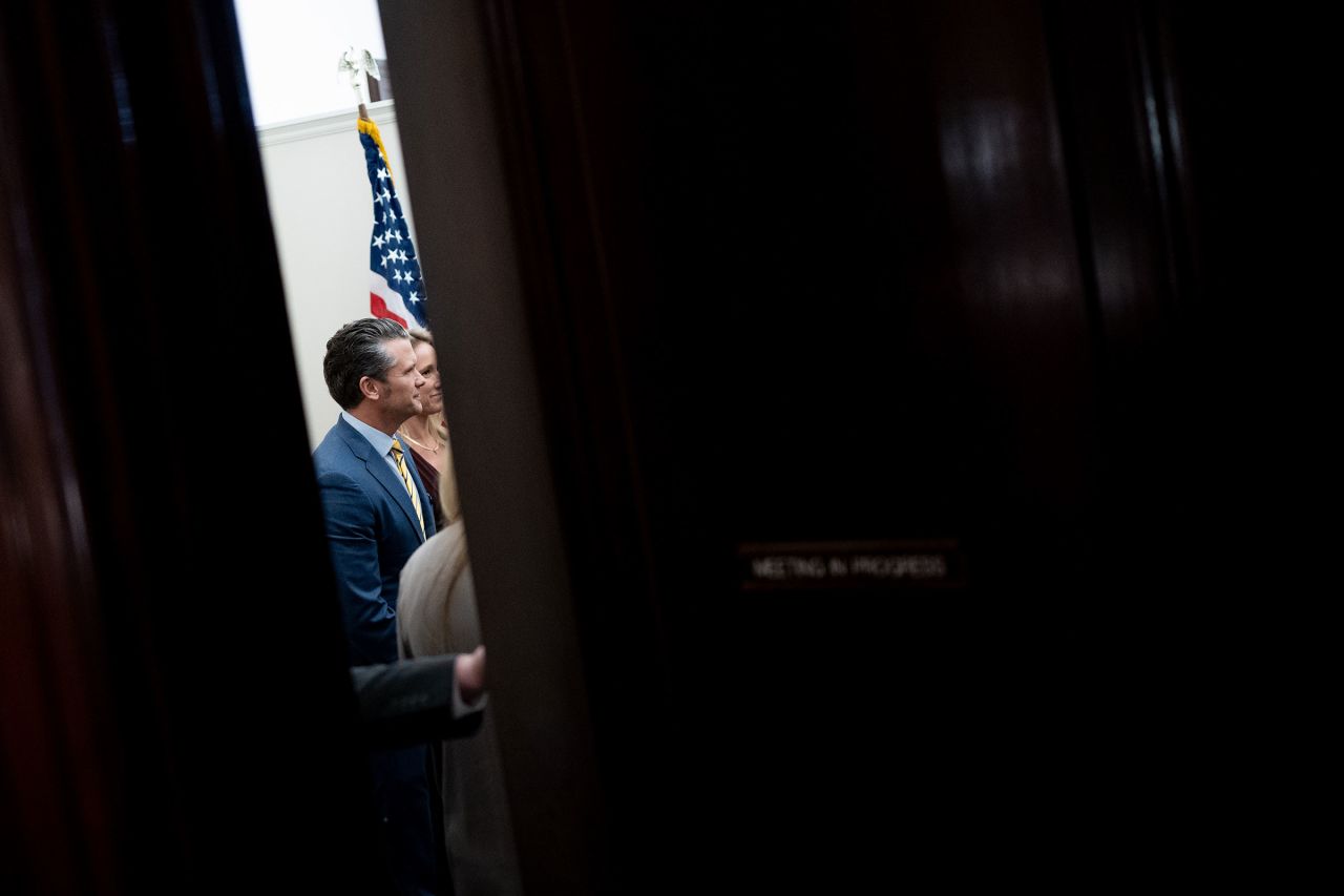 President-elect Donald Trump's nominee to be Secretary of Defense Pete Hegseth arrives for a meeting with Sen. Ted Budd in the Russell Senate Office building on Capitol Hill on December 3, in Washington, DC.