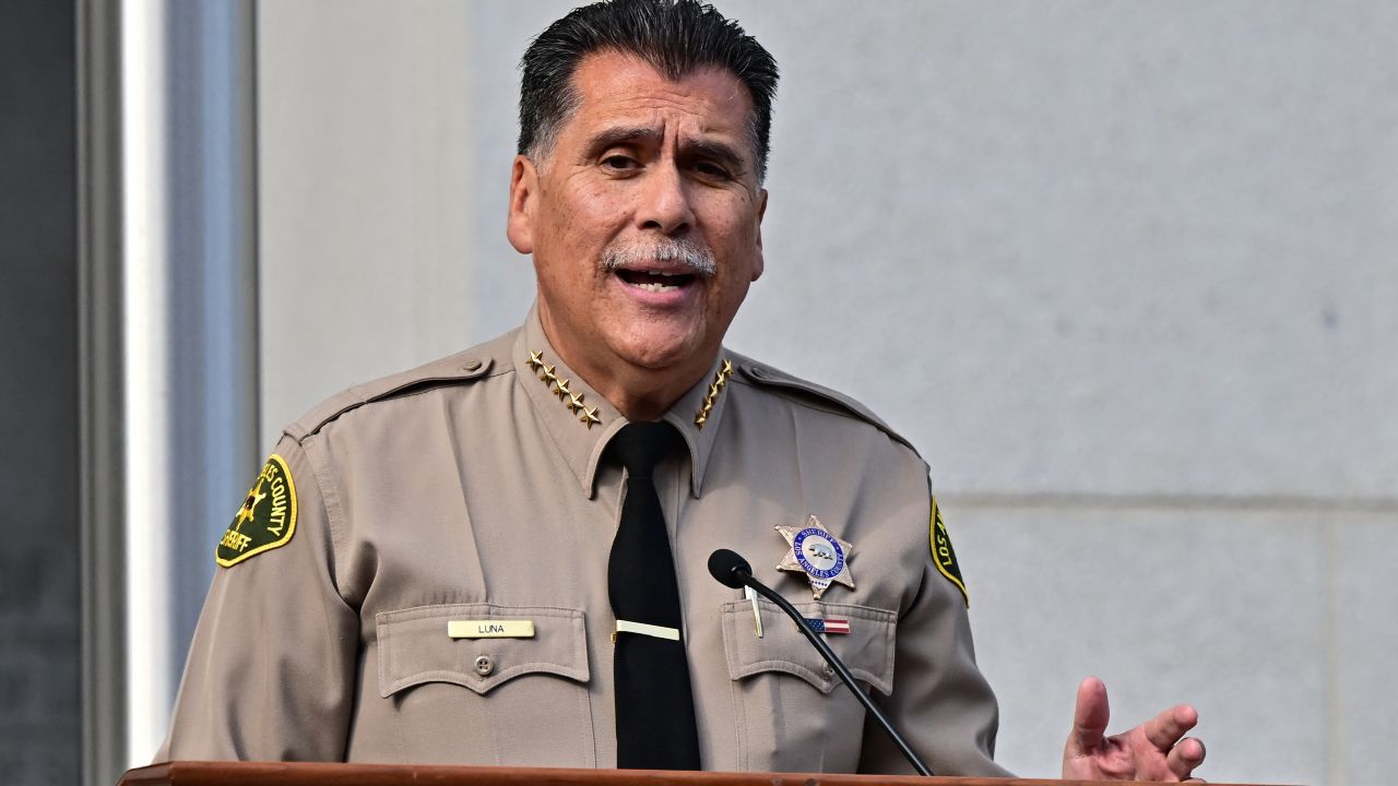 Robert Luna, Los Angeles County Sheriff, speaks at a swearing-in ceremony for new Los Angeles District Attorney Nathan Hochman outside of the Hall of Justice in Los Angeles on December 3, 2024. (Photo by Frederic J. BROWN / AFP) (Photo by FREDERIC J. BROWN/AFP via Getty Images)