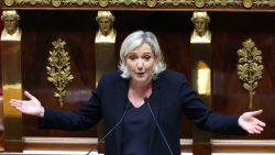 President of Rassemblement National parliamentary group Marine Le Pen speaks during the debate prior to the no-confidence votes on Prime Minister Michel Barnier's administration at the National Assembly in Paris on December 4, 2024. The French National Assembly debates two motions brought by the French left-wing Nouveau Front Populaire (New Popular Front) NFP coalition and the French far-right Rassemblement National (National Rally) RN party in a standoff over 2025's austerity budget, which saw French Prime Minister force through a social security financing bill without a vote (article 49.3) on December 2, 2024. (Photo by Alain JOCARD / AFP) (Photo by ALAIN JOCARD/AFP via Getty Images)