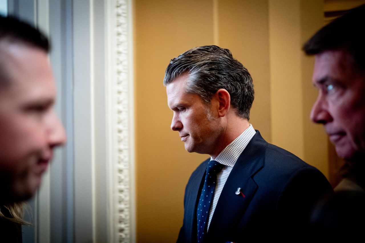 Pete Hegseth arrives for a meeting with Senate Minority Whip John Thune at the Capitol in Washington on December 4.