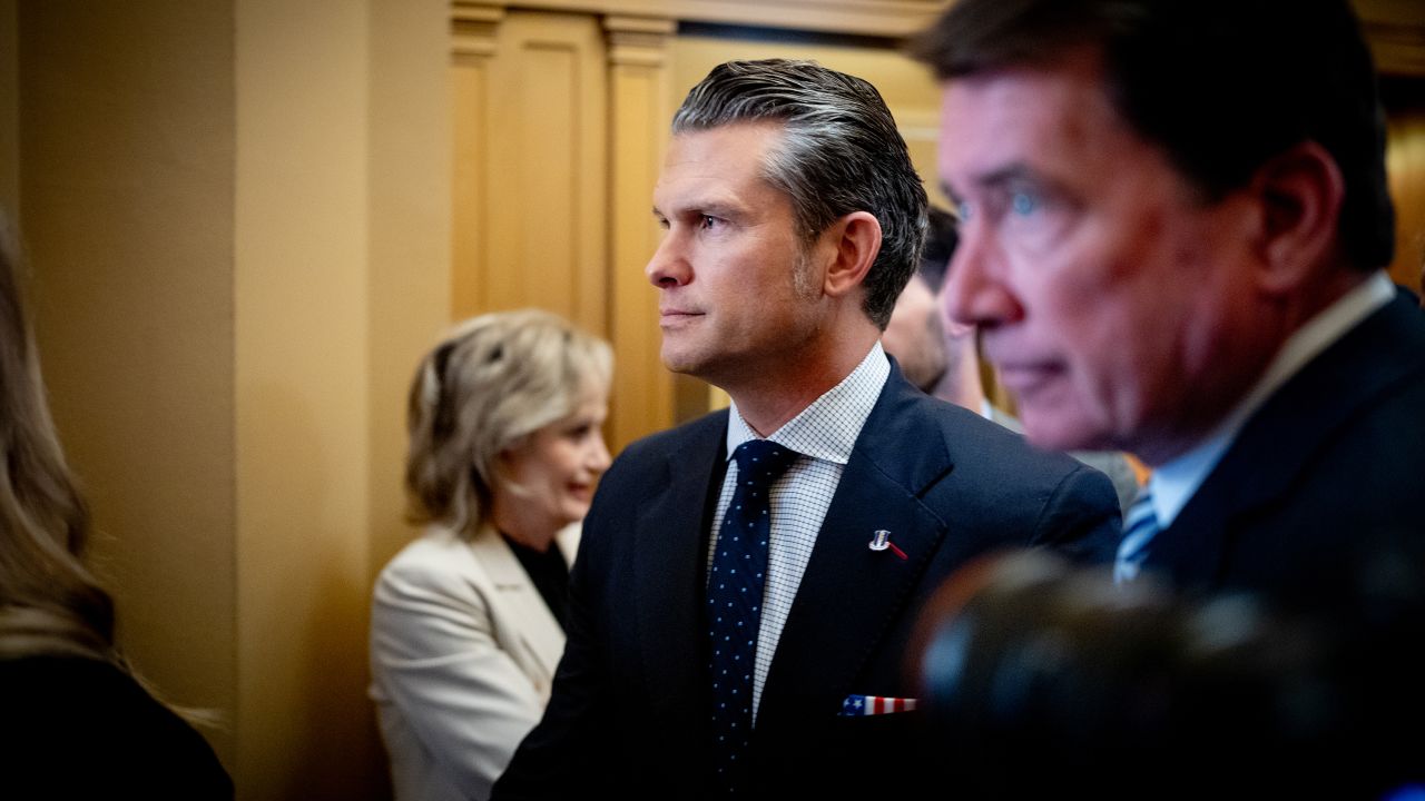 President-elect Donald Trump's nominee to be Secretary of Defense Pete Hegseth (C), accompanied by Sen. Bill Hagerty (R-TN) (R), arrives for a meeting with Senate Minority Whip John Thune (R-SD) at the Capitol on December 4, 2024 in Washington, DC. Hegseth continues to meet with Senate Republicans on Capitol Hill as new allegations of alcohol abuse and sexual misconduct have emerged.