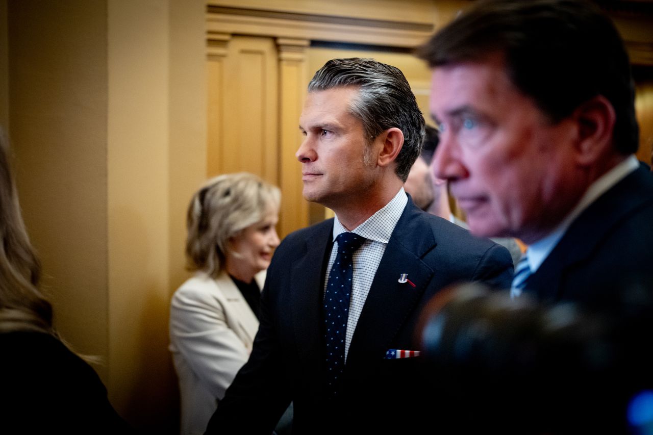 Pete Hegseth arrives for a meeting with Senate Minority Whip John Thune at the Capitol on December 4, in Washington, DC.