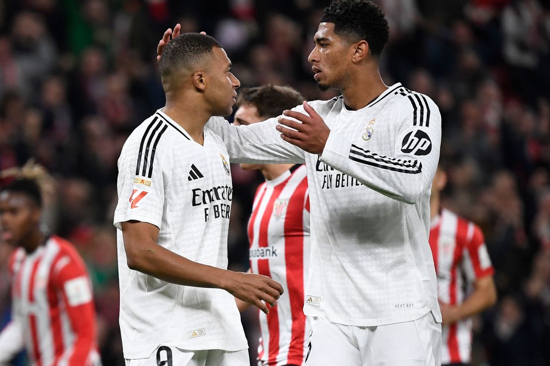 Mbappé is comforted by Jude Bellingham after failing to score a penalty against Athletic Club Bilbao on December 4.