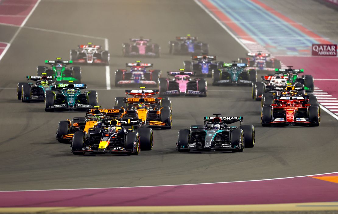 Verstappen leads away the field at the start of the race.