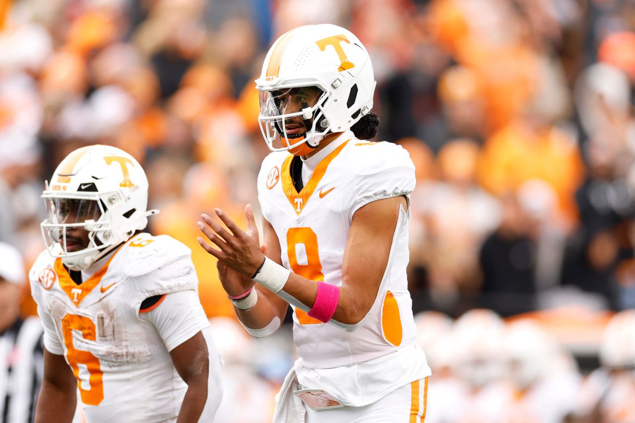 Nico Iamaleava of the Tennessee Volunteers looks on during the second half against the Vanderbilt Commodores in Nashville, Tennessee, on November 30.