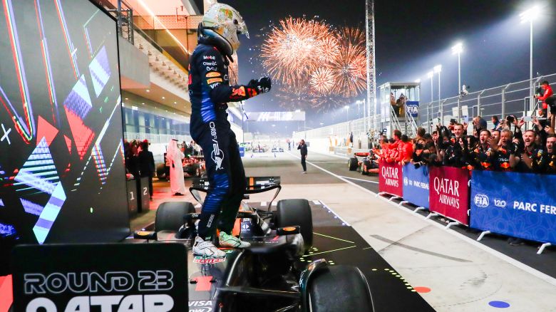 LUSAIL CITY, QATAR - DECEMBER 01: Max Verstappen of Oracle Red Bull Racing and The Netherlands celebrates finishing in first position during the F1 Grand Prix of Qatar at Lusail International Circuit on December 01, 2024 in Lusail City, Qatar. (Photo by Peter Fox/Getty Images)