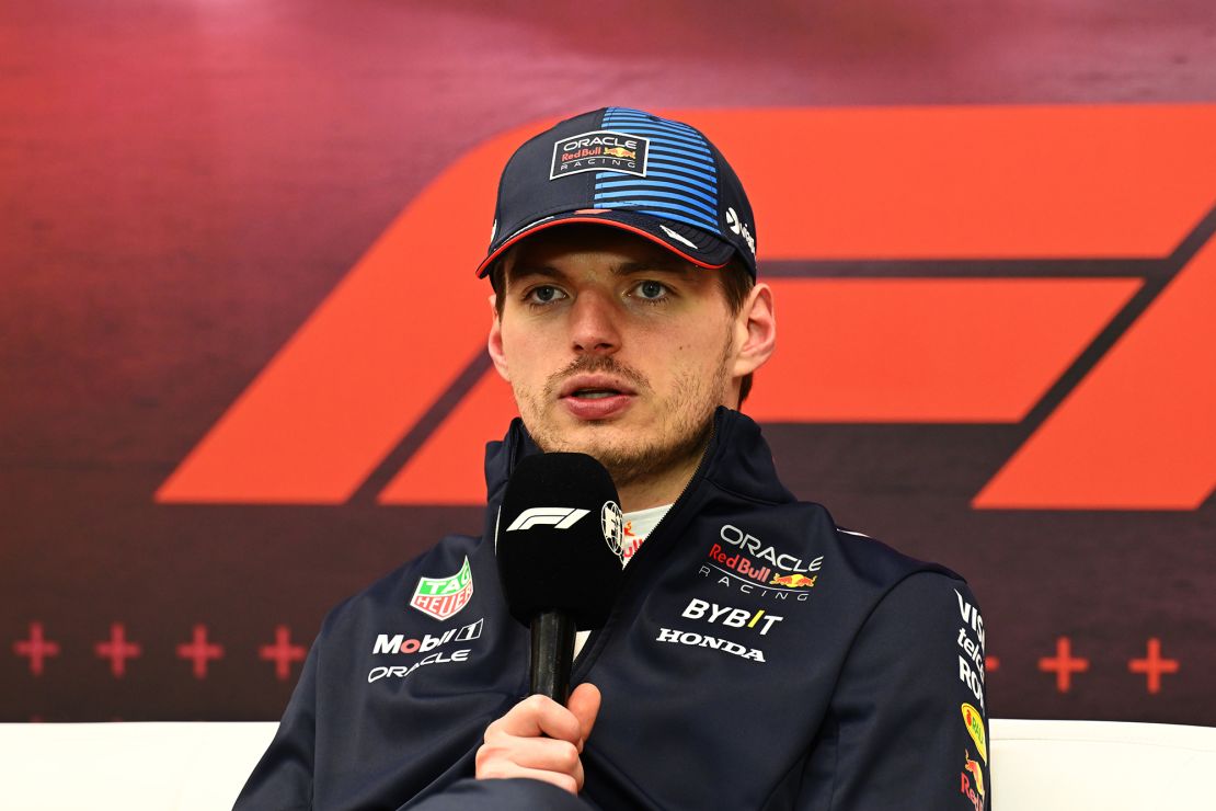 Verstappen speaks during the press conference after winning the race.