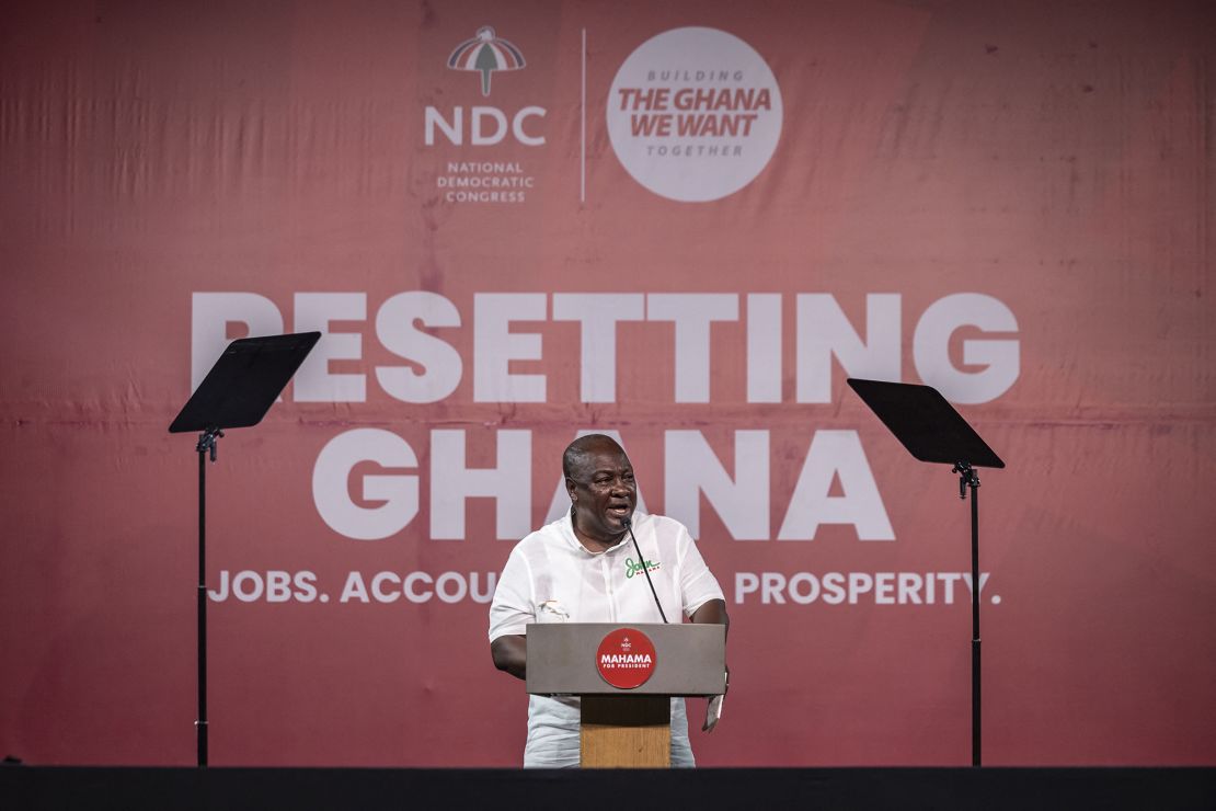 Former Ghana President, John Mahama, speaks on the stage during the final rally of the NDC in Accra on December 5, 2024.