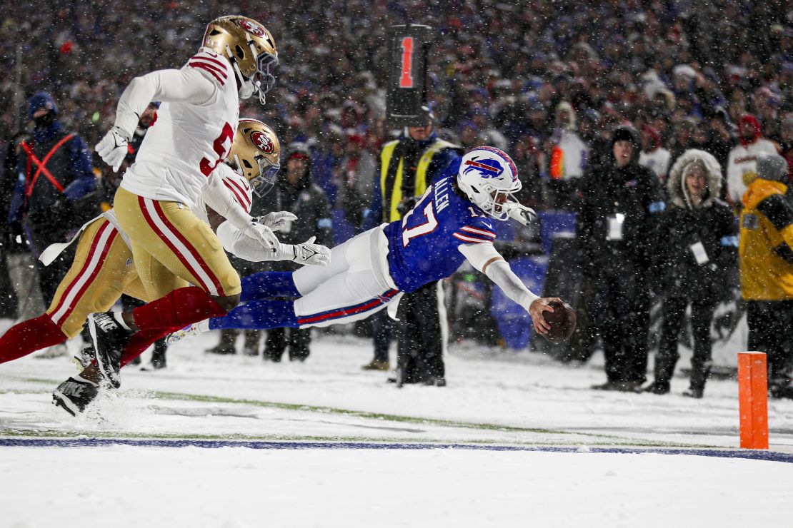 ORCHARD PARK, NEW YORK – DECEMBER 1: Josh Allen #17 of the Buffalo Bills dives for a touchdown during the third quarter of a game against the San Francisco 49ers at Highmark Stadium on December 1, 2024 in Orchard Park, New York. (Photo by Bryan M. Bennett/Getty Images)