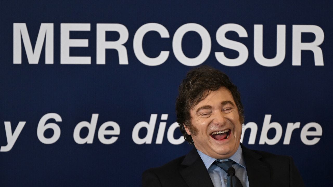 Argentina's President Javier Milei laughs during the LXV Mercosur Summit in Montevideo on December 6, 2024. (Photo by Eitan ABRAMOVICH / AFP) (Photo by EITAN ABRAMOVICH/AFP via Getty Images)