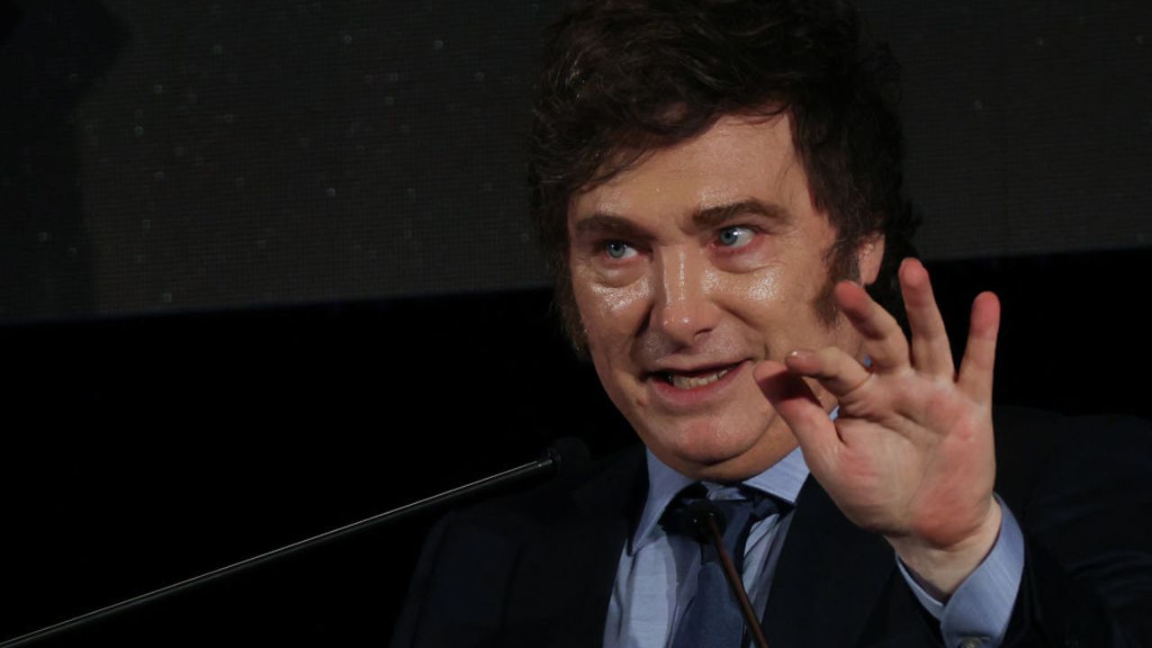 Argentina's President Javier Milei delivers a speech during a meeting of the Marketing Managers Association of Uruguay () at the Radisson Hotel in Montevideo on December 6, 2024, after participating in the LXV Mercosur Summit. Milei called on Friday for a Mercosur with "more freedom to trade outwards," a persistent demand of his Uruguayan counterpart Luis Lacalle Pou, who handed over the pro-tempore presidency of the South American trade bloc to him. (Photo by Nicolas GARCIA / AFP) (Photo by NICOLAS GARCIA/AFP via Getty Images)