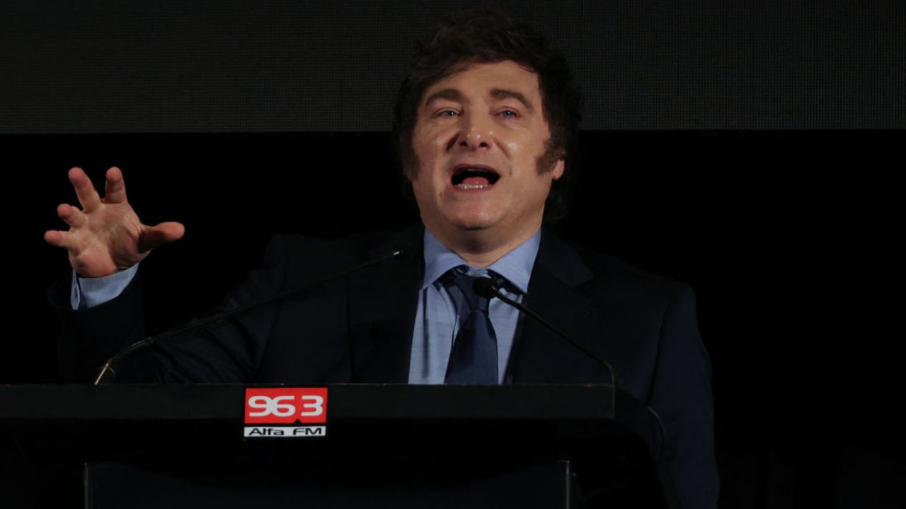 Argentina's President Javier Milei delivers a speech during a meeting of the Marketing Managers Association of Uruguay (ADM) at the Radisson Hotel in Montevideo on December 6, 2024, after participating in the LXV Mercosur Summit. Milei called on Friday for a Mercosur with "more freedom to trade outwards," a persistent demand of his Uruguayan counterpart Luis Lacalle Pou, who handed over the pro-tempore presidency of the South American trade bloc to him. (Photo by Nicolas GARCIA / AFP) (Photo by NICOLAS GARCIA/AFP via Getty Images)